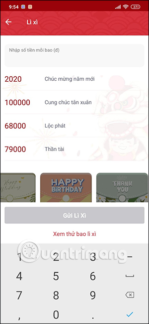Nhập tiền lì xì trên ZaloPay