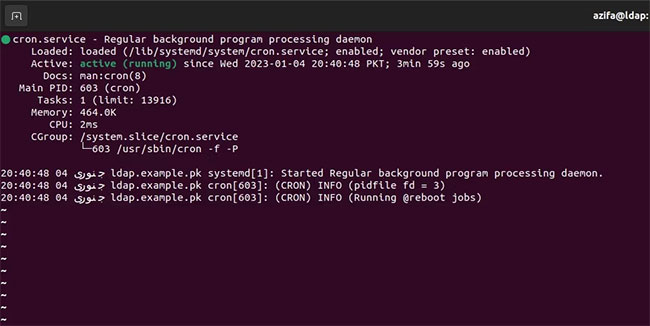 Trạng thái cron được hiển thị trên terminal Ubuntu