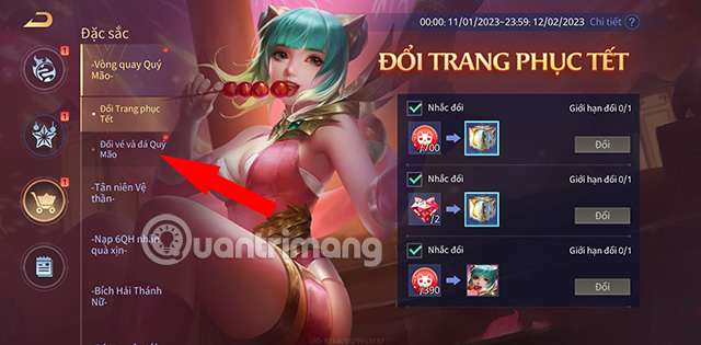 Nhấn vào phần Đổi vé và đá Quý Mão.