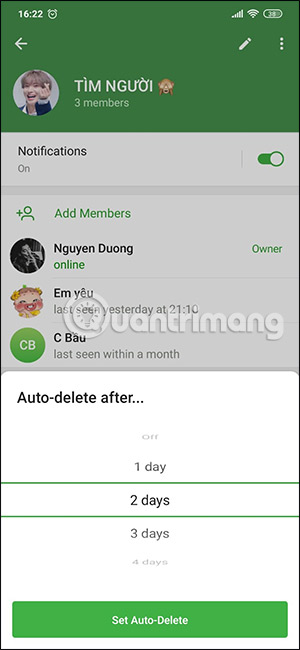 Chọn thời gian xóa tin nhắn tự động Telegram nhóm chat
