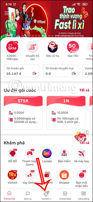 Truy cập mục Viettel++