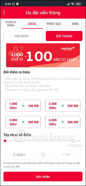 Chọn đổi điểm Viettel++ sang data