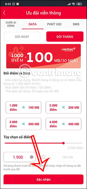 Chọn số điểm thưởng Viettel++ quy đổi