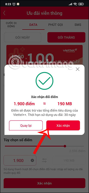Xác nhận đổi điểm thưởng Viettel++