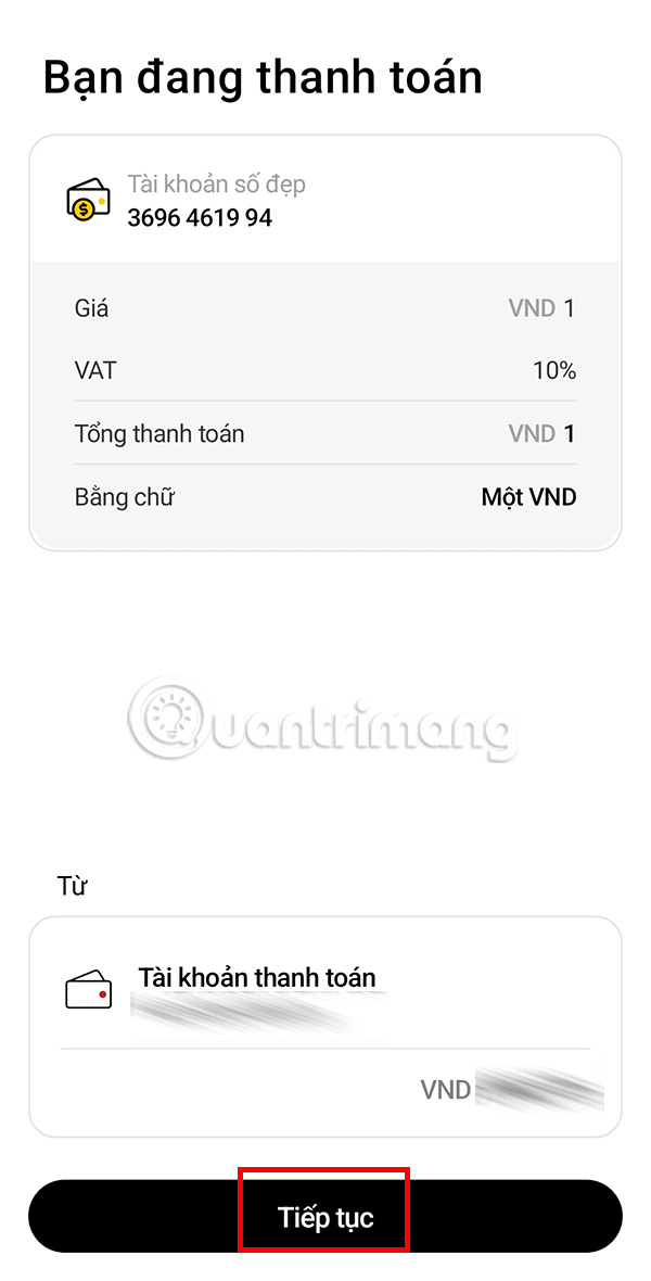 Tiến hành thanh toán tài khoản số đẹp