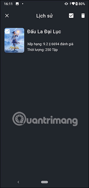 Lịch sử xem phim trên ứng dụng