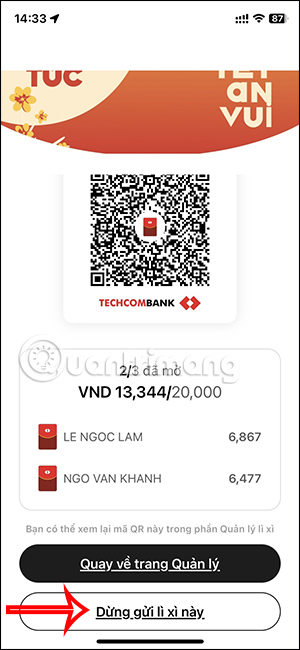 Dừng lì xì Techcombank Mobile