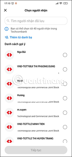 Danh sách nhận lì xì trên Techcombank Mobile
