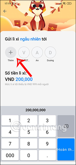 Nhập số tiền muốn gửi lì xì