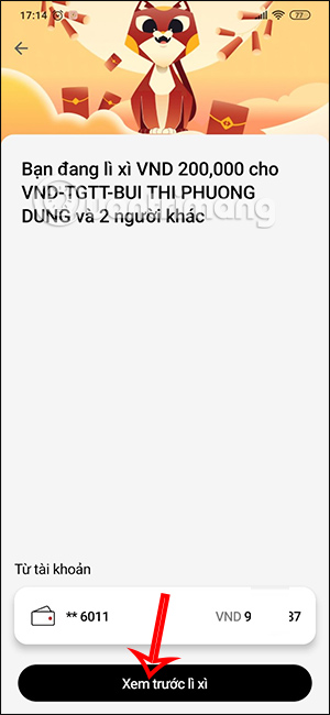 Xem bao lì xì trên Techcombank Mobile