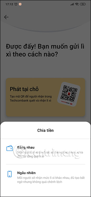 Chọn kiểu lì xì phát ngẫu nhiên Techcombank Mobile