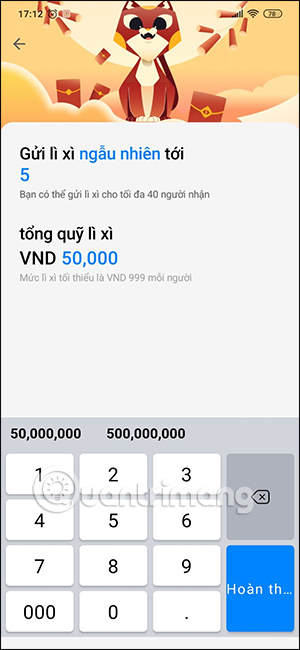 Nhập số tiền lì xì