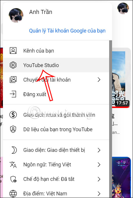 Truy cập YouTube Studio