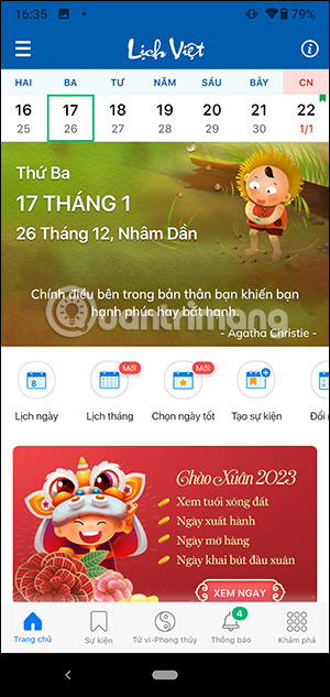 Giao diện ứng dụng Lịch Việt