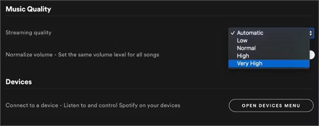 Cài đặt Spotify hiển thị tùy chọn chất lượng âm nhạc rất cao