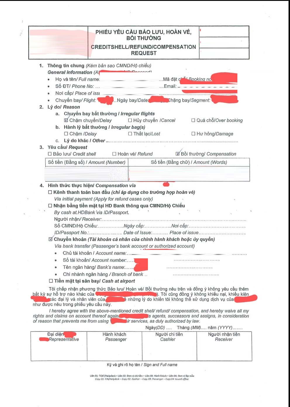 Phiếu yêu cầu bồi thường khi chuyến bay bị hủy