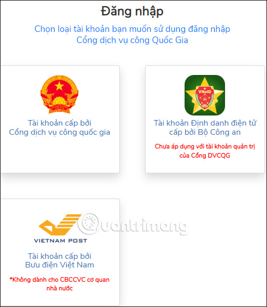 Đăng nhập Cổng dịch vụ Công quốc gia 