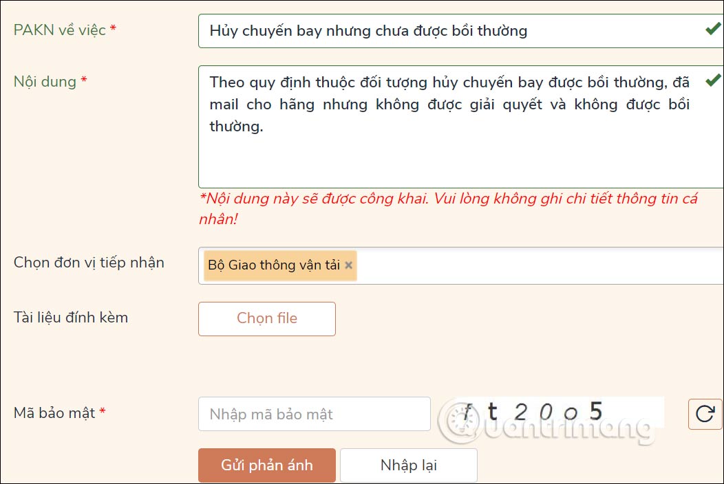 Điền thông tin phản ánh trên Cổng dịch vụ Công quốc gia 