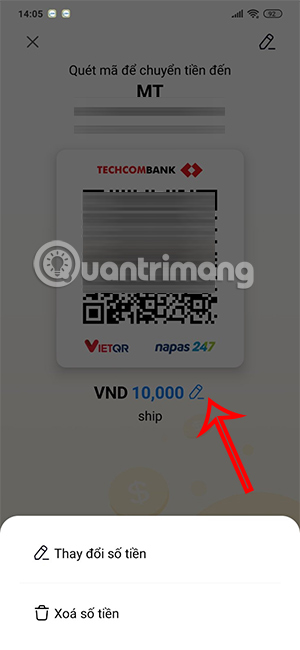 Đổi số tiền nhận từ mã QR
