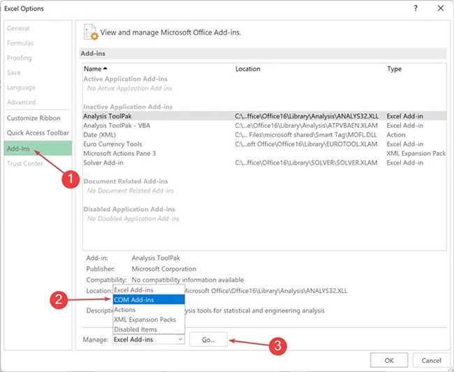 Nhấp vào Add-ins > Manage > COM Add-ins > Go