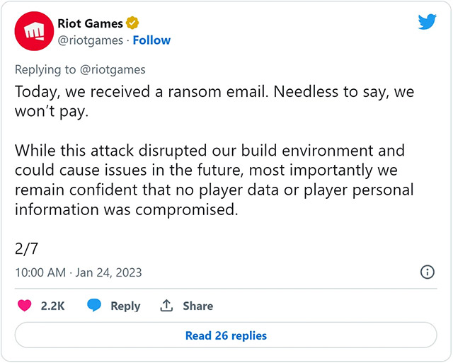 Phía Riot Games khẳng định sẽ không trả tiền chuộc