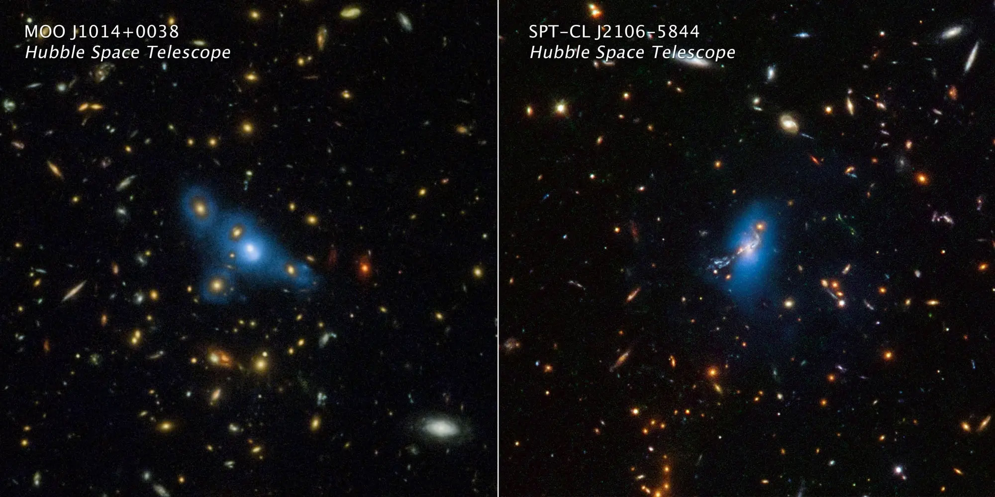 Đây là loạt hình ảnh của Kính viễn vọng Không gian Hubble về hai cụm thiên hà khổng lồ có tên MOO J1014+0038 (bên trái) và SPT-CL J2106-5844 (bên phải). Hình ảnh cho thấy một hiện tượng gọi là “ánh sáng nội cụm”. Ánh sáng cực mờ này xuất phát sự phân bố của các ngôi sao lang thang nằm rải rác trong nhiều cụm sao. Hàng tỷ năm trước, những ngôi sao này đã rời khỏi các thiên hà mẹ, và hiện chúng đang trôi dạt trong không gian giữa các thiên hà.
