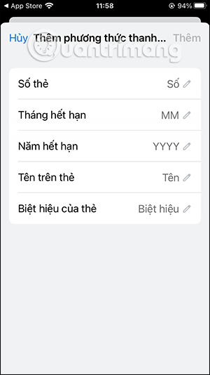 Giao diện điền thông tin thanh toán