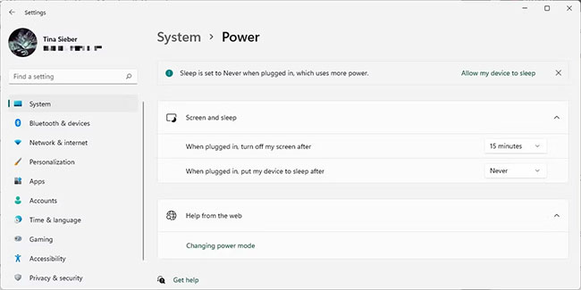 Windows 11 System Power Screen và Sleep