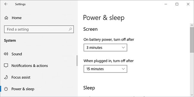 Cài đặt Power & sleep của Windows 10