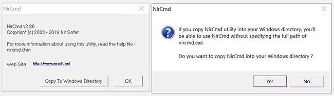 NirCmd với nút sao chép vào thư mục Windows