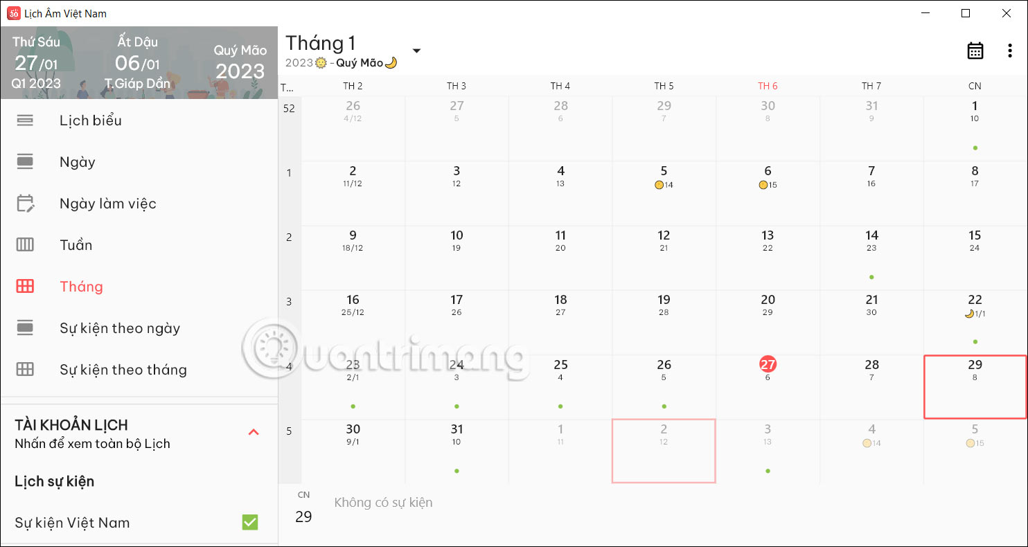 Giao diện ứng dụng Lịch  m Việt