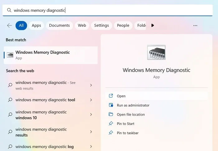 Tiện ích Windows Memory Diagnostic được hiển thị trong menu Search