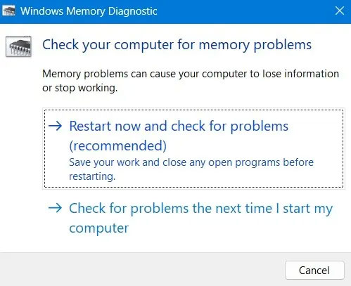 Tùy chọn khởi động lại trong cửa sổ pop-up Windows Memory Diagnostic
