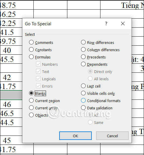 Dòng trống trong bảng Excel