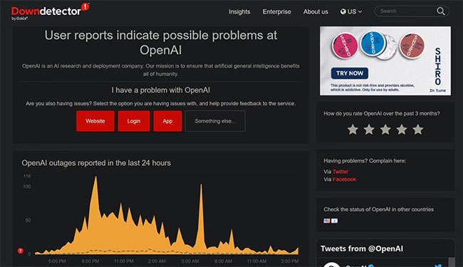 Kiểm tra trạng thái OpenAI trên trang web chính thức của DownDetector