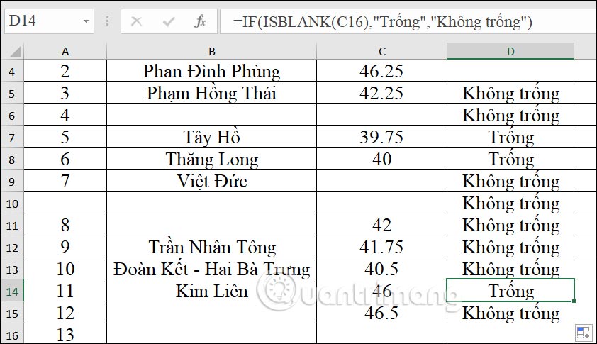 Tìm ô không trống bằng hàm ISBLANK