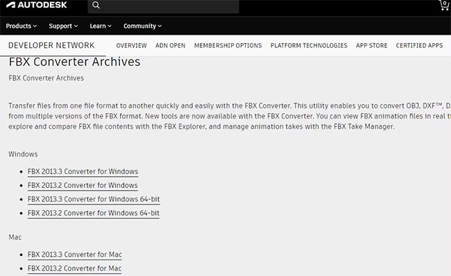 Các tùy chọn để tải xuống FBX Converter từ Autodesk