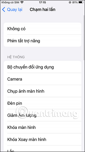 Chọn cử chỉ cho chạm 2 lần mặt sau iPhone