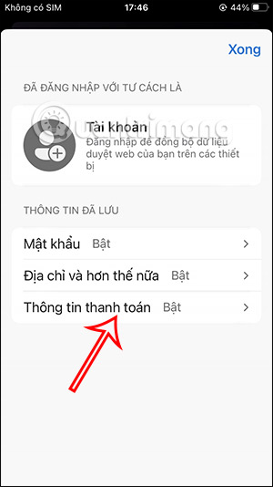 Thông tin thanh toán trên Microsoft Edge