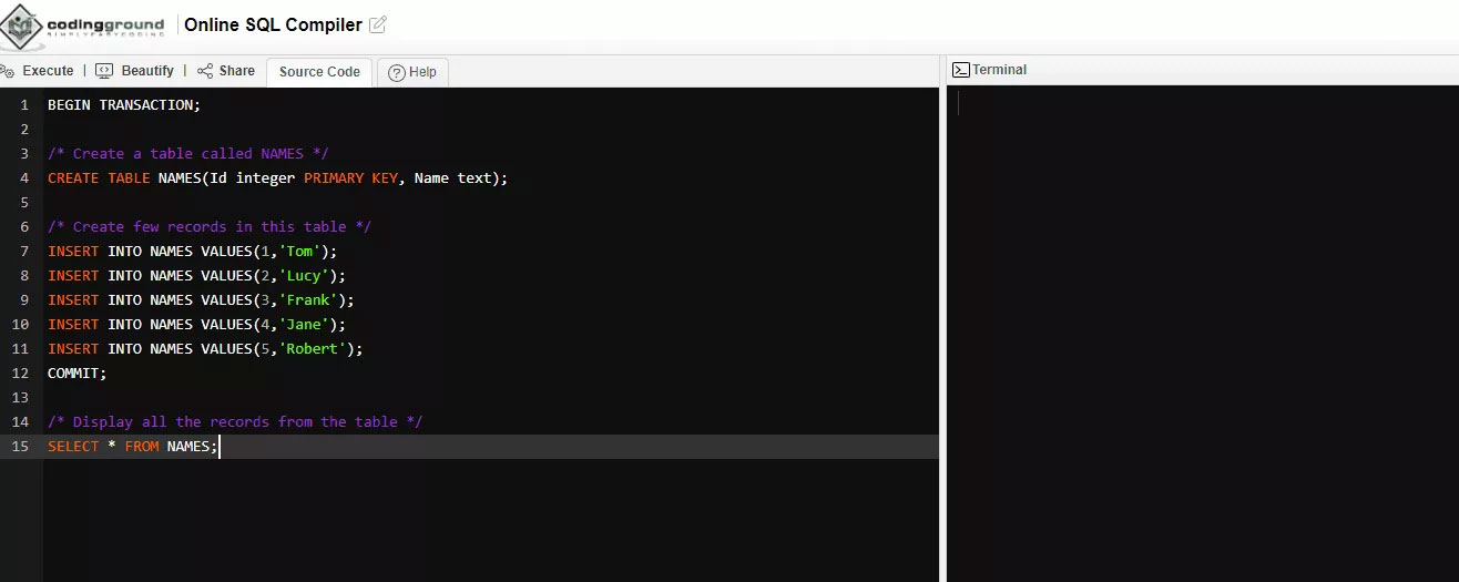 Online SQLite Compiler