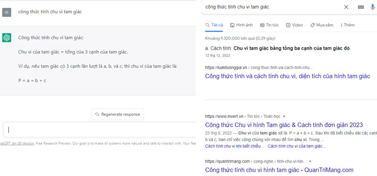 ChatGPT đưa ra câu trả lời trực tiếp, còn Google Search liệt kê đường link để người dùng tự chọn lọc đáp án phù hợp.
