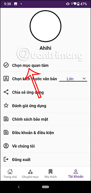 Chọn mục quan tâm trên app QuanTriMang.com