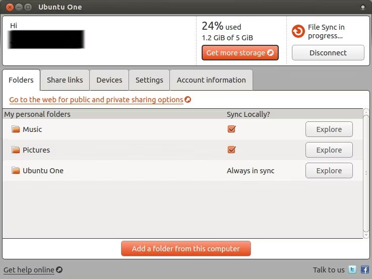 Ứng dụng Ubuntu One hiển thị các thư mục được đồng bộ