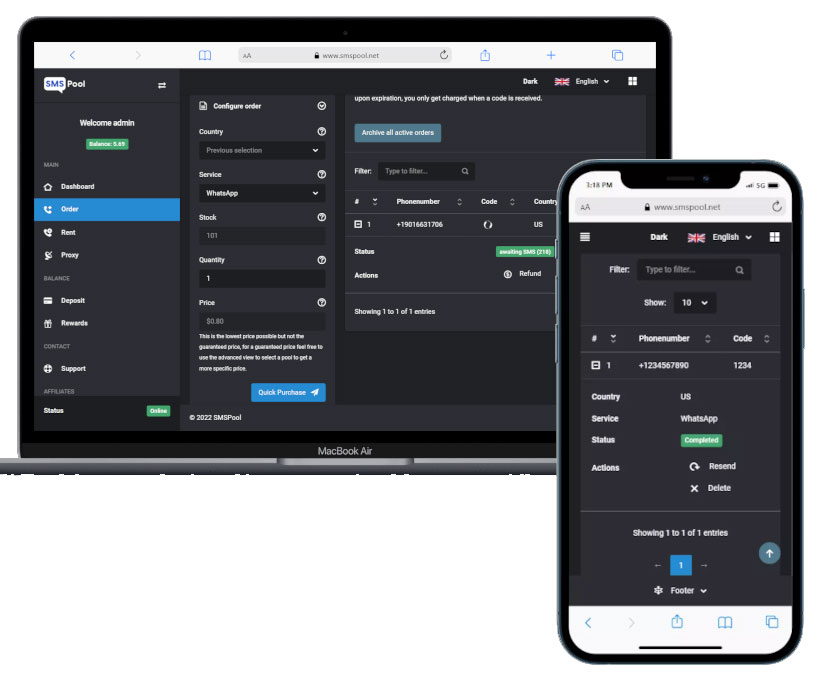 Giao diện desktop và thiết bị di động SMSPool