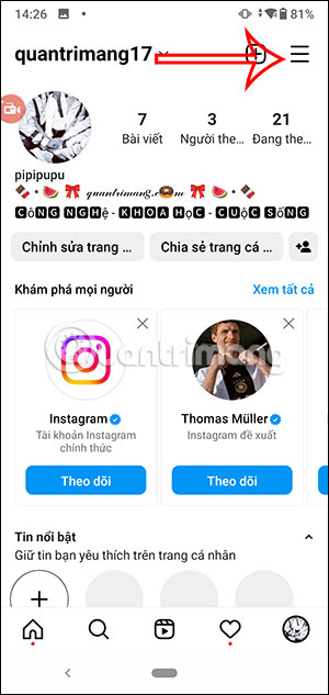 Tùy chọn tài khoản Instagram