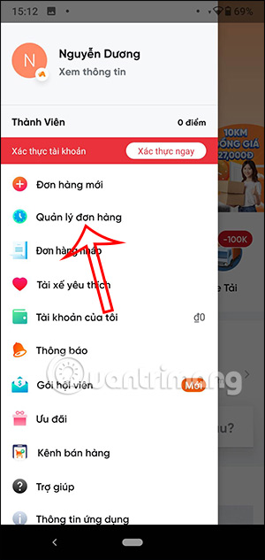 Xem đơn hàng trên Ahamove