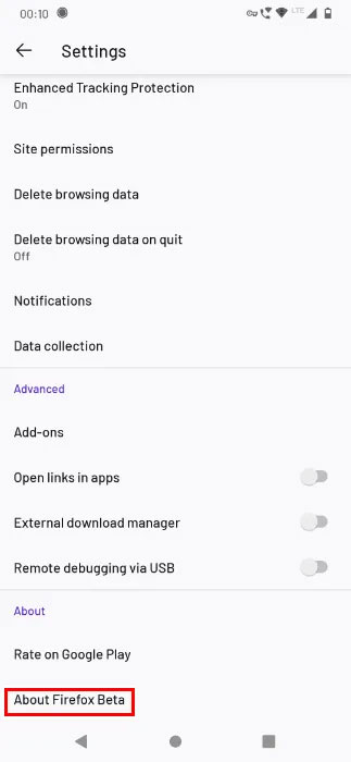 Nhấn vào About Firefox Beta