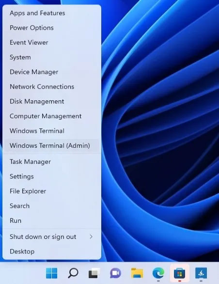 Chọn Windows Terminal (Admin) từ menu Start trong Windows 11