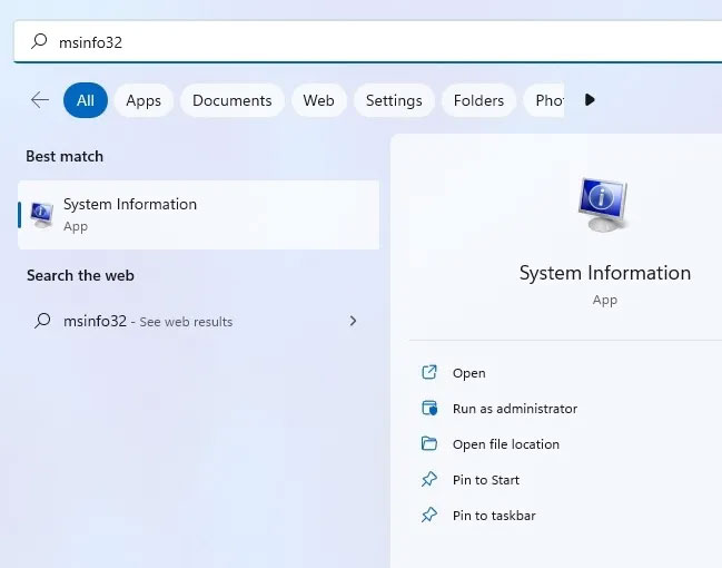 Tìm kiếm ứng dụng System Information trong Windows 11