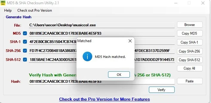 Thông báo Hash did not match trong MD5 & SHA Checksum Utility